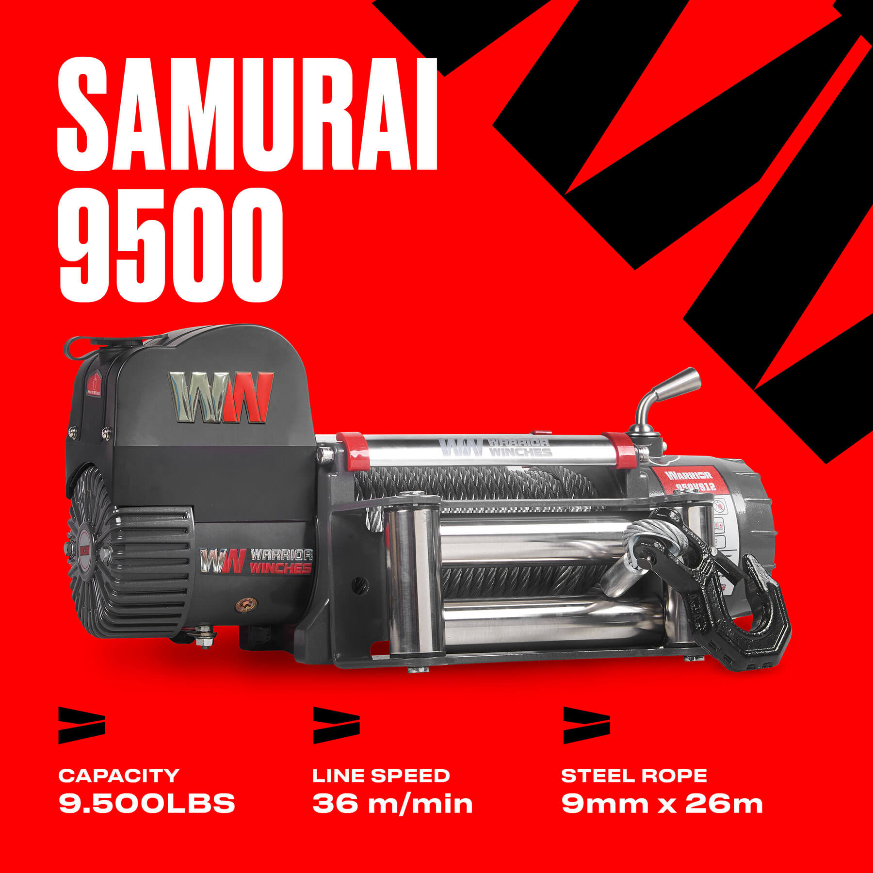 侍950 Warrior Samurai 9500lb Winch 12v Steel Rope | Warrior Winches