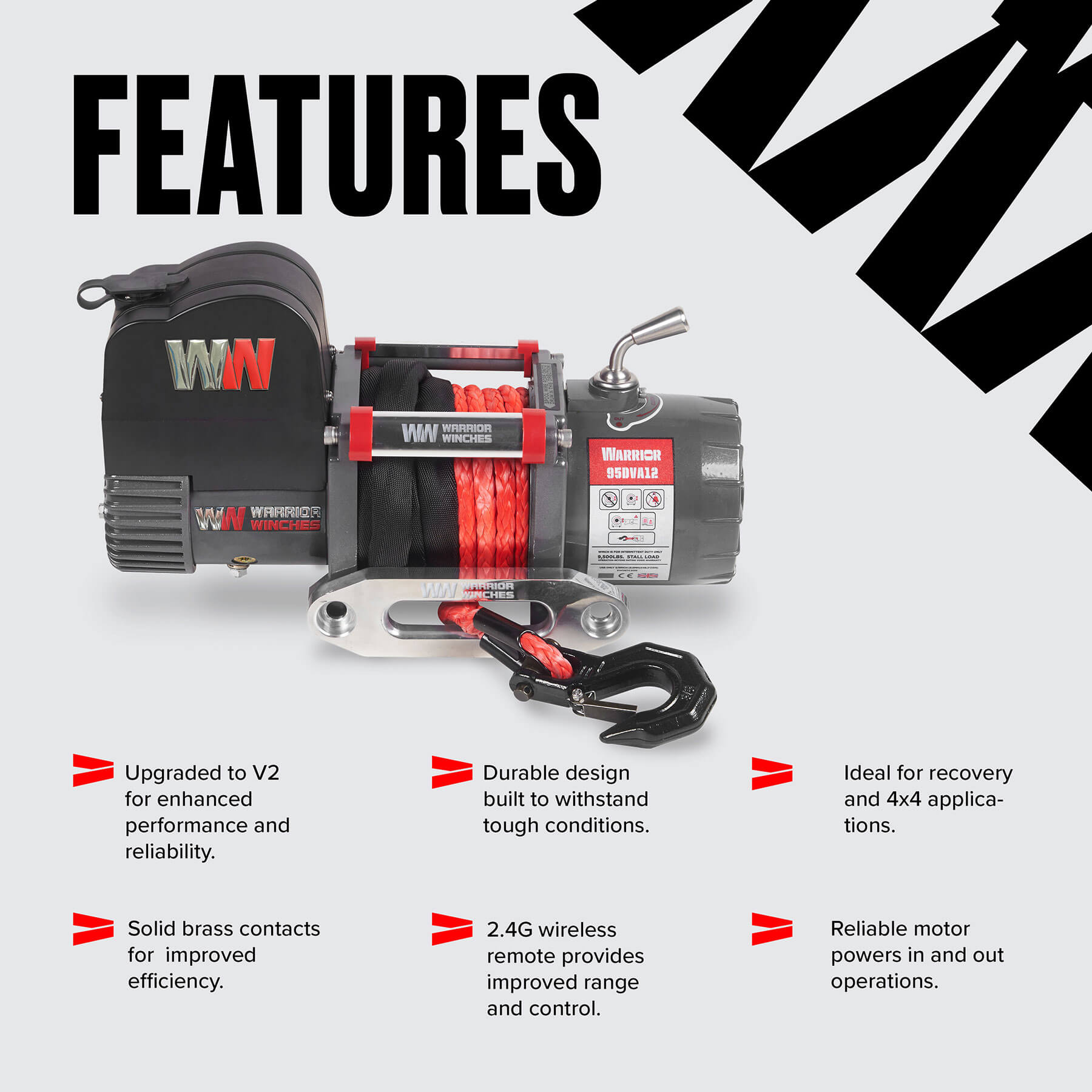 Warrior Samurai 9500lb Short Drum Winch 12v Synthetic Rope