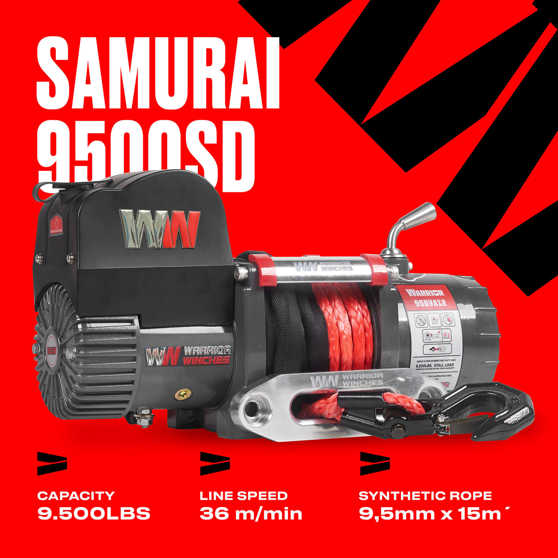 Warrior Samurai 9500lb Short Drum Winch 12v Synthetic Rope